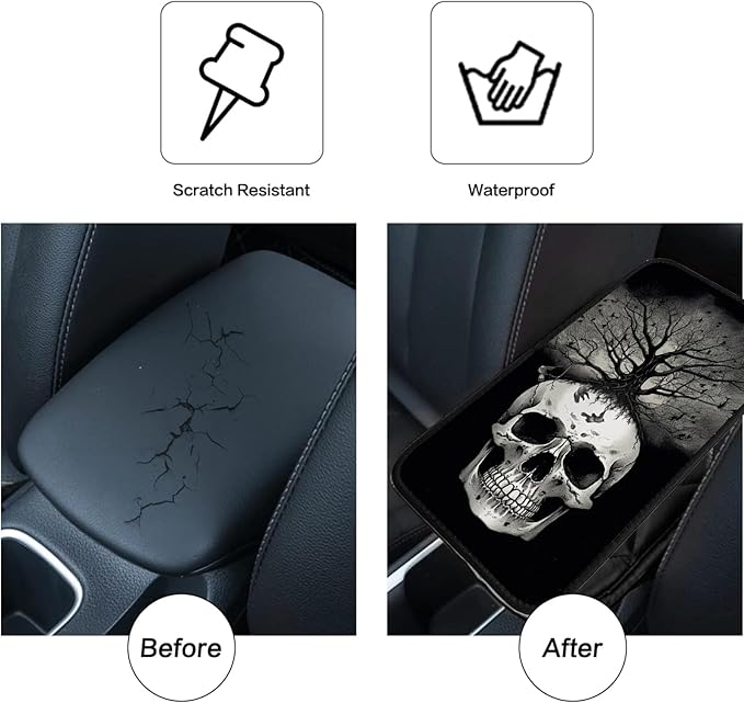 Car Armrest Cover Pads Universal Fashion Cute Auto Center Console Armrest Cover Pad with 2PCS Car Coasters Soft Waterproof Car Armrest Seat Protector for Women,Black White Skull Tree