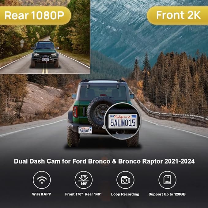 Fitcamx Front 2K+Rear 1080P Dash Cam for 2021-2024 Ford Bronco & Rapor (Not for Bronco Sport) HD2-14873, OEM Style, Dual HD Video, WiFi & APP, Loop Recording, G-Sensor, Easy to Set, 64GB Card