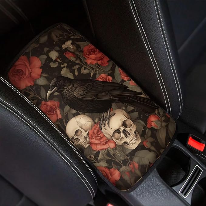 Crow Print Armrest Cover Pad for Car Skull Rose Print Center Console Cushion Pad Universal Decorative Car Armrest Box Protector Cover, Black