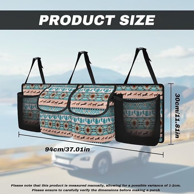 Aztec Ethnic Horse Large Capacity Car Trunk Organizer, Waterproof Oxford Backseat Hanging Storage Bag with 4 Pockets, Foldable Car Organization for Car Tools, Car Accessory for SUV Truck