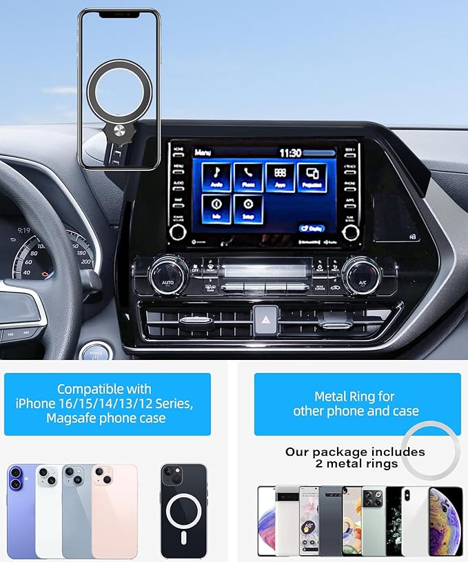 Car Phone Holder for 2020-2025 Toyota Highlander Accessories Apply to 8 Inch Touch Screen Fixed Clip Magnetic Cell Phone Mount Hands-Free 360 Degree Rotation