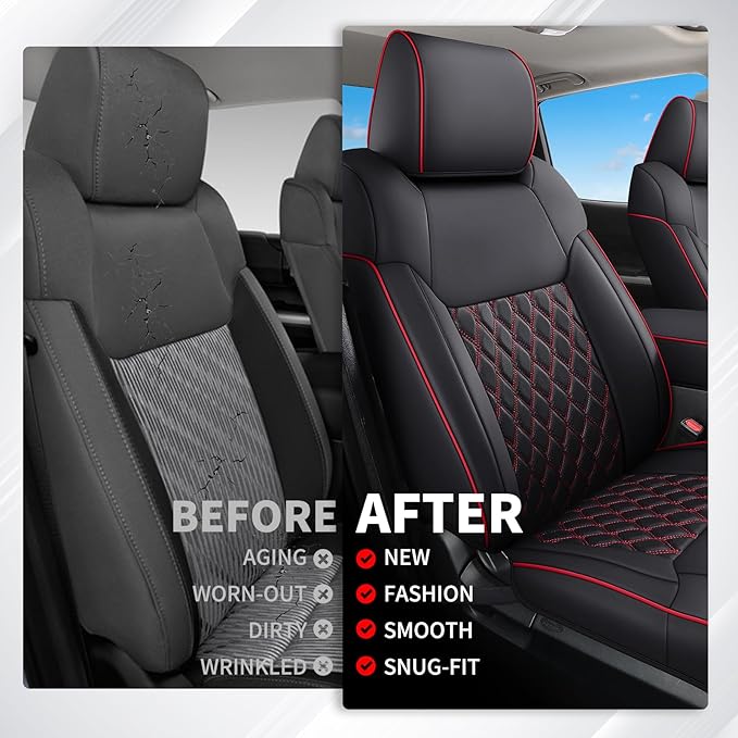 Huidasource Front Truck Seat Covers Fit for 2nd Gen Toyota Tacoma 2005-2015 Double&Crew Cab, Leather Car Seat Cushion Cover for Tacoma Base, PreRunner, SR5, Limited, TRD Sport(Front Pair/Black&Red)