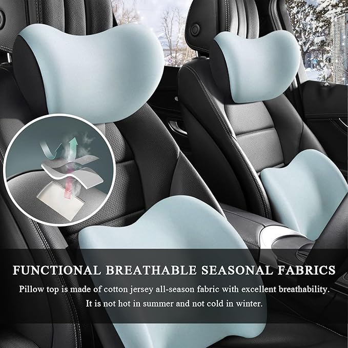 Car Headrest & Lumbar Support Cushion, Ergonomic Memory Foam Car Neck Back Support w/Removable Cover, Universal Breathable Lumbar Cushion Headrest Pillow with Adjusatble Strap (Sky Blue)