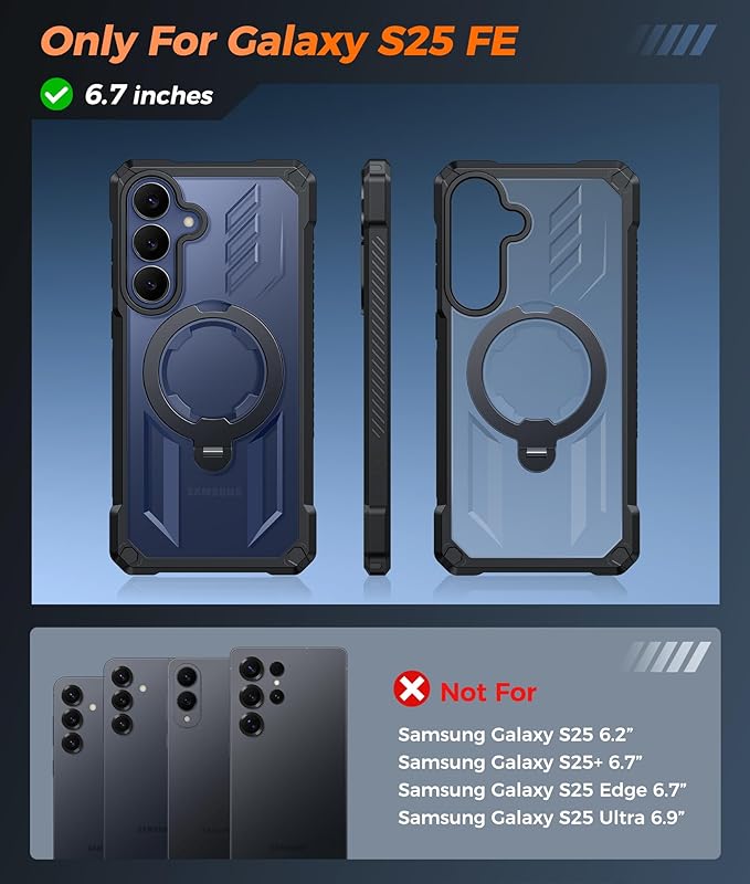FNTCASE for Samsung Galaxy S25-FE Case: with [Magnetic Ring Kickstand] [Screen Protector] [Compatible with MagSafe] [Military-Grade Drop Protection] Heavy Duty Full Body Cover Translucent Black