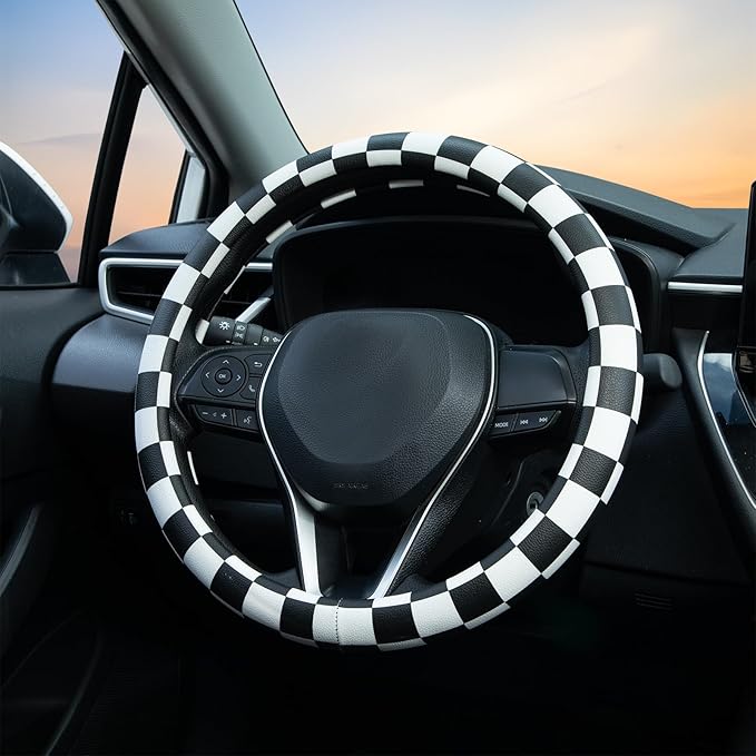 Black and White Race Checkered Steering Wheel Cover Auto Leather Steering Wheel Protector, Anti-Slip, Breathable, Absorbing Sweat, Universal Car Accessories 14.5–15 inch,Fit for Most Car, Trucks, SUV