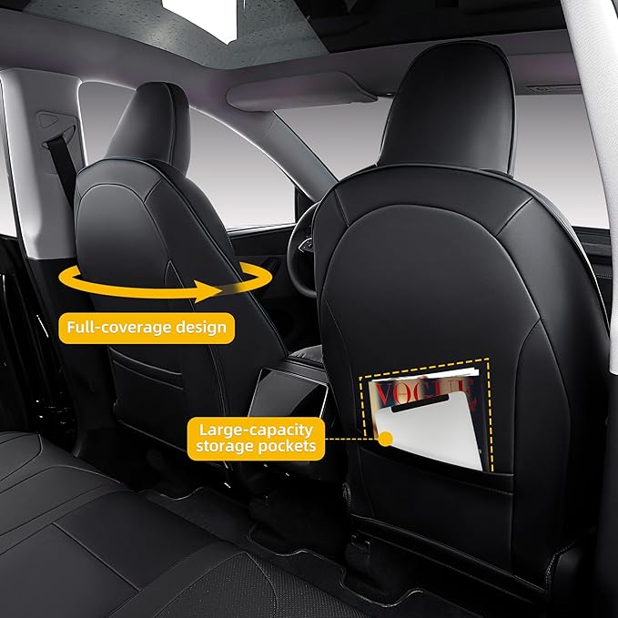 Custom Fit Seat Covers for 2025 2026 Tesla Model Y Juniper (5-Seater), Waterproof Breathable Nappa Leather, OEM Factory Style Full Set Car Seat Protectors Airbag Compatible - Black