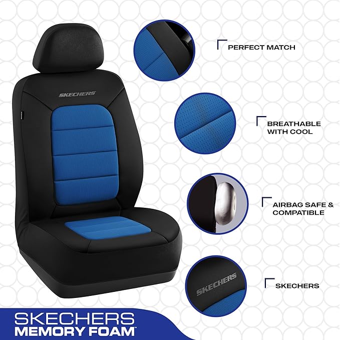 Skechers Memory FoamCar Seat Covers,Thick Cool Touch Fabric Seat Covers,Seat Cover Full Sets Airbag Compatible,Automotive Comfort Protection for Most Cars,Vans,Trucks,SUV,Blue
