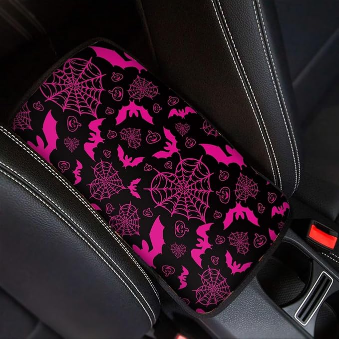 Dreaweet Purple Center Console Armrest Pad Cover Goth Car Accessories Interior Middle Console Cover Anti-Scratch Comfort Car Armrest Storage Box Mat,Love Heart Spider Web and Bats Decor