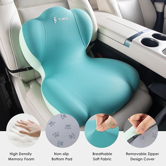 FLORICH Memory Foam Truck Seat Cushion,Car Seat Cushion and Lumbar Support Pillow for Office Chair, Ergonomic Back Support & Sciatica Relief for Long Drives(Green)