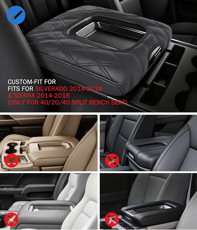 Center Console Cover for Chevy Silverado & GMC Sierra 2014-2018 with 40/20/40 Jump Seat Accessories, Leather Middle Armrest Console Cover Elbow Arm Rest Cushion for Car (Split Bench Seat Console ONLY)