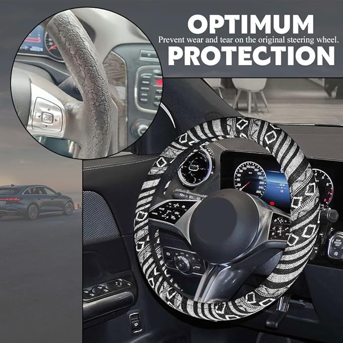 Boho Steering Wheel Cover, Steering Wheel Cover Women, 15 inch Hippie Style Protector Covers, Universal Ethnic Flax Cloth Car Accessories Universal for SUV Van Truck (Hippie-E)