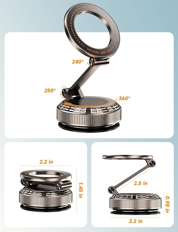Pure Zinc Alloy Vacuum Magnetic Phone Holders for Your Car [105+LBS Suction & 3800gf Magnetic] 360° Adjustable Magsafe Car Phone Holder Mount for iPhone 17 16 15 14 13 12 Series & Android