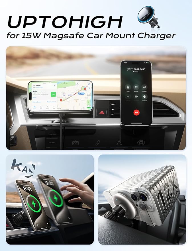 UPTOHIGH for 15W Magsafe Car Mount Charger, [Vibrant LED Decoration] Wireless Car Charger, Magnetic Phone Holder Mount for Air Vent, Phone Holders for Your Car Compatible iPhone 15/14/13/12 Series