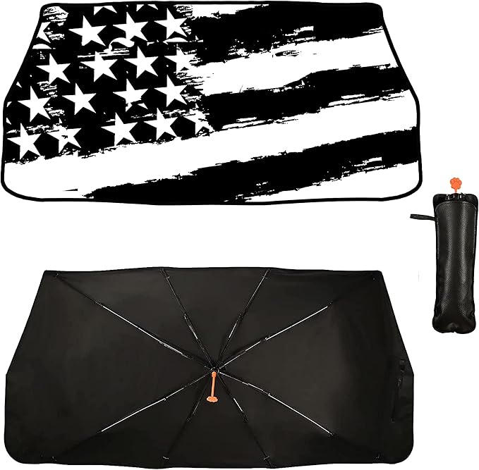 Socira American Flag Car Windshield Sunshade Umbrella Foldable Black Umbrella Sun Shade Cover Patriotic Sunshade Front Window Cover Interior Blocks Uv Rays Keeps Cool (57" X 30")