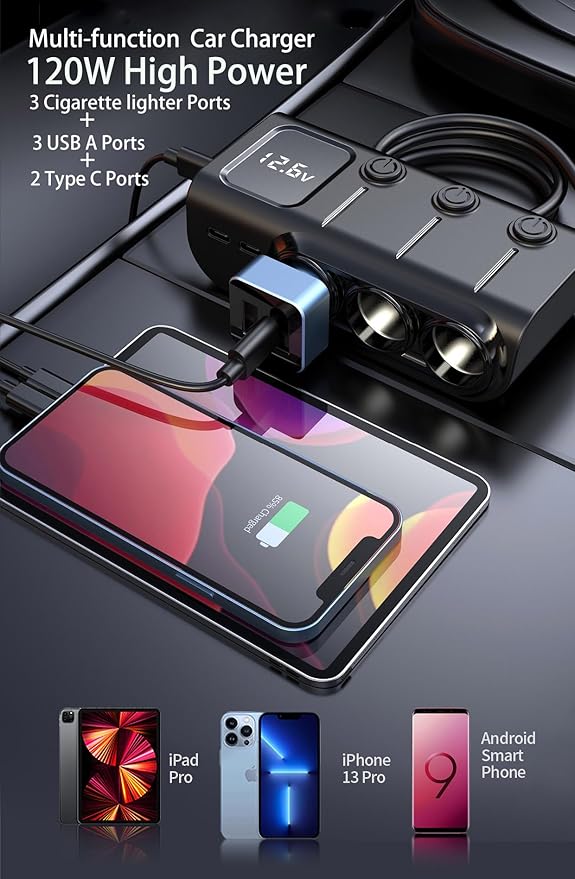 8 in 1 Cigarette Lighter Splitter, 120W 3 Socket Car Charger Adapter,5 USB,Type-C PD36W, Fast Charging,12V/24V Input, Built-in Protecter, Zero Risk to Car & Devices,for Car, Truck, SUV, RV, Camping