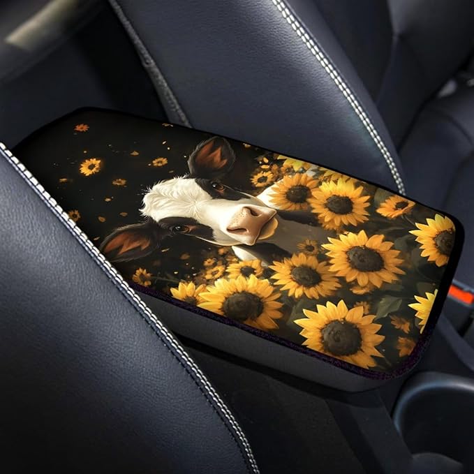 Cow Sunflower Print Armrest Cushion Cover for Car Neoprene Car Center Console Cushion Pad Non Slip Decorative Armrest Seat Box Cover for SUV Truck Sedan