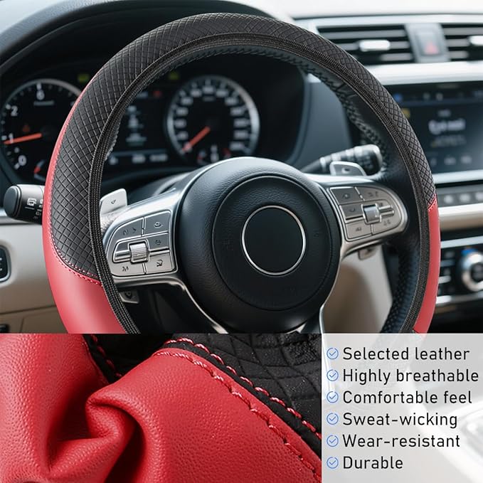 Car Steering Wheel Cover, Elastic Stretch Leather Non-Slip Vehicle Steering Wheel Guard, Automotive Interior Protective Decor Accessories, Universal for SUV RV Truck (Black/Red)