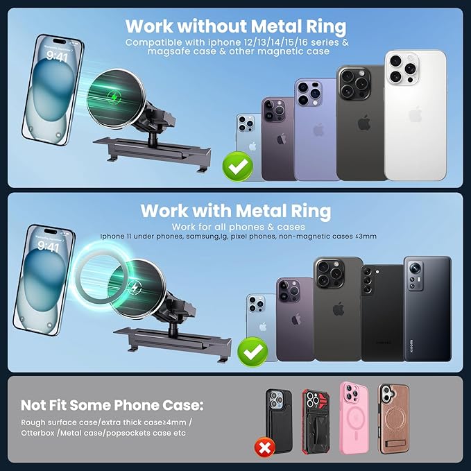 Kaishengyuan Magnetic Phone Mount with Wireless Charging for Ram Truck 2013-2018, Dash Mount Cell Phone Holder Compatible with RAM 1500/2500/3500 & 2019+ Classic 360° Rotation Smartphone Cradles