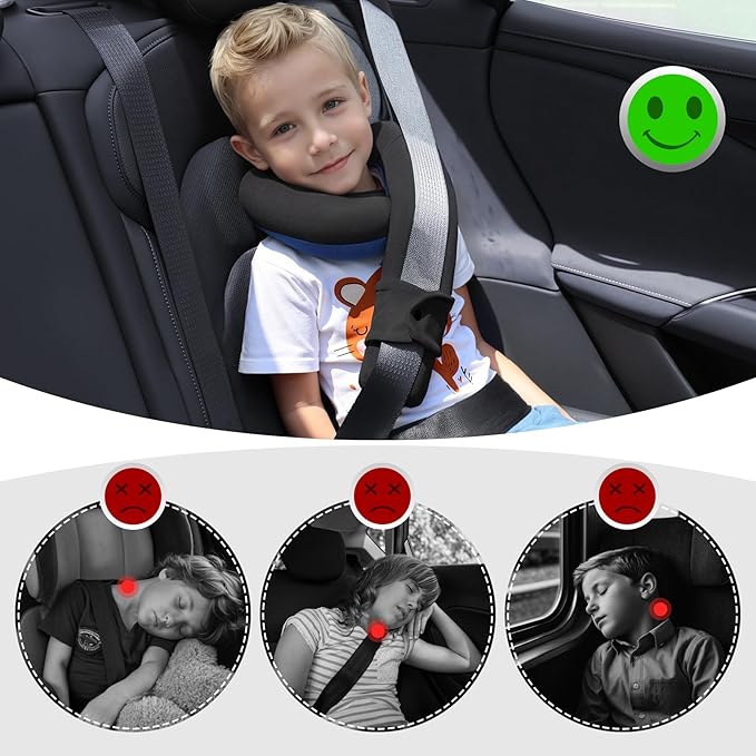 Kids Travel Neck Pillow, Toddler Travel Pillow for Car & Airplane and Head & Chin Support, Comfortably Travel Neck Pillow for Road Trip Sleeping, Gifts for Toddler/Child/Kids (Black & Light Blue)