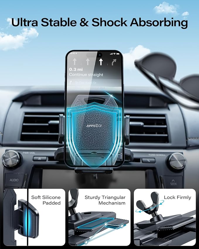 APPS2Car Sturdy CD Slot Phone Mount with One Hand Operation Design, Hands-Free Car Phone Holder Universally Compatible with All iPhone & Android Cell Phones, for Smartphone Mobile (Faux Leather)