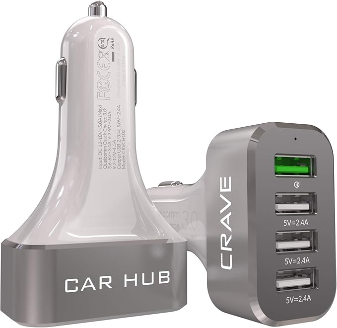 Crave CarHub 54W 4 Port USB Car Charger, Qualcomm Quick Charge 3.0 - White