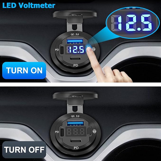 USB C Car Charger Socket 12V USB Outlet 2 Pack: Aluminum Metal 78W Dual PD 30W and 18W QC3.0 Port Multi Charger Outlet with LED Voltmeter Power Switch for RV Motorcycle Boat Marine