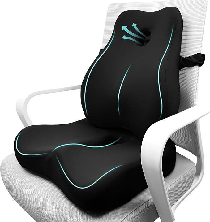 Seat Cushion & Lumbar Support Pillow Set,Memory Foam Office Chair Cushion for Tailbone Pain, Non-Slip Back Support for Car,Desk,Gaming Chair,Wheelchair, Breathable & Machine Washable