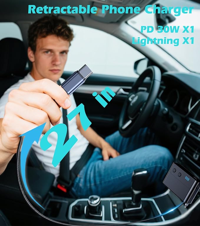 8 in 1 Retractable Cigarette Lighter Splitter, 191W Car Charger Adapter with 2 Sockets,12V Car Outlet with PD30W QC3.0 USB Charging Ports, LED Voltage Display TSNAM