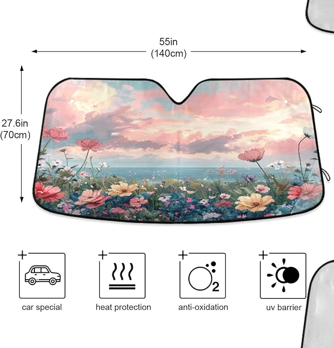 xigua Wildflowers Car Windshield Sunshade Foldable Front Window Sun Visor Protector for Car,SUV,Truck - Keep Vehicle Cool,55 x 27.6 Inch