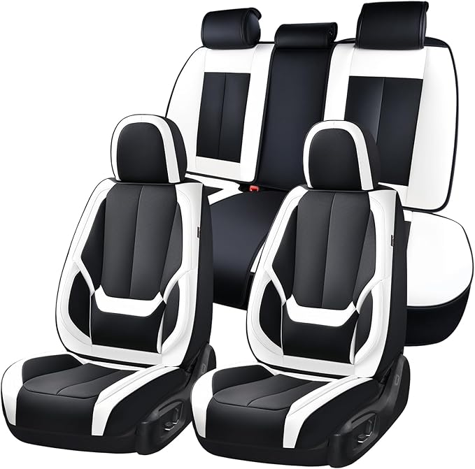 Coverado Seat Covers, Car Seat Covers Full Set, Leather Seat Covers for Cars, Car Seat Protector, Black Car Seat Covers Front Seats and Back Seats Universal Fit for Most Cars White