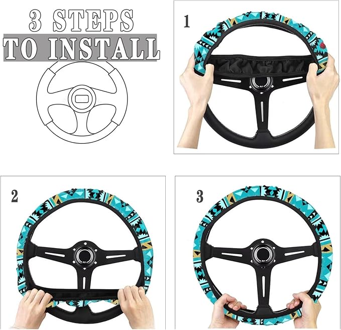 SEANATIVE Universal Steering Wheel Cover, Easy to Disassemble, Non-Slip Soft Steering Wheel Cover, Blue Aztec Print Auto Decor Accessiores
