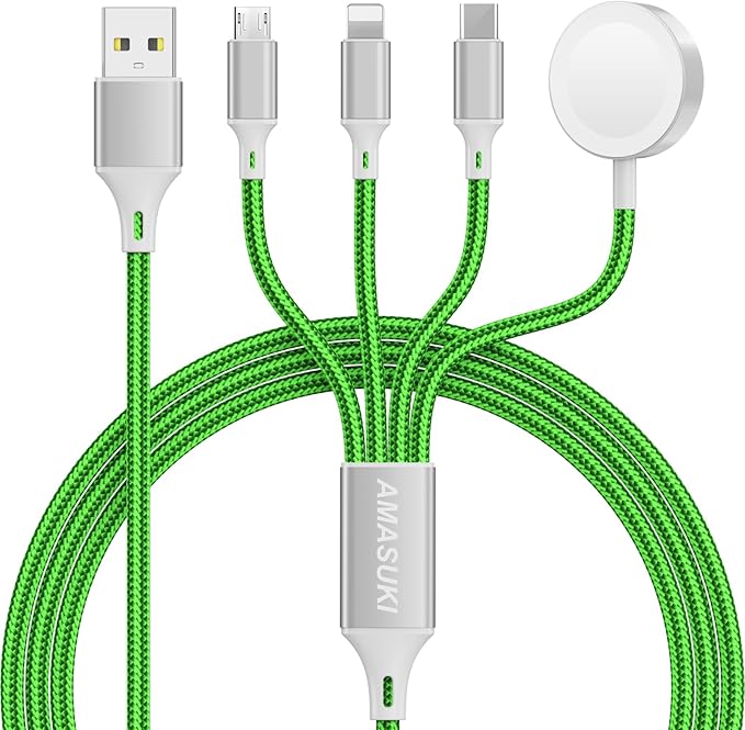 Amasuki Travel Essentials,4 in 1 for Apple Watch Charger/iPhone Charger/Multi Charging Cable,Vacation RV Camping Essentials,USB C/L/Micro Portable Charger for iWatch 11-1/iPhone 17-12,Car&Gift-Green