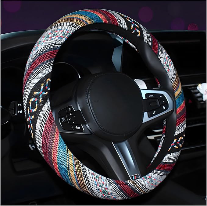 Boho Steering Wheel Cover, 15.0"×15.0" Anti-Slip Baja Blanket Ethnic Steering Wheel Protector, Breathable Flax Cloth Elastic Bohemian Steering Wheel Cover, Car Accessories (Style D)