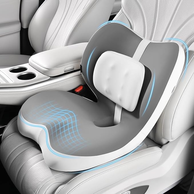 FLORICH 2 in1 Truck Seat Cushion and Lumbar Support Pillow Memory Foam Car Seat Cushion with Adjustable Strap for Truck Driver Long Drives, Fits Semi Truck Seat,Car,Office&Gaming Chair(Light Grey)