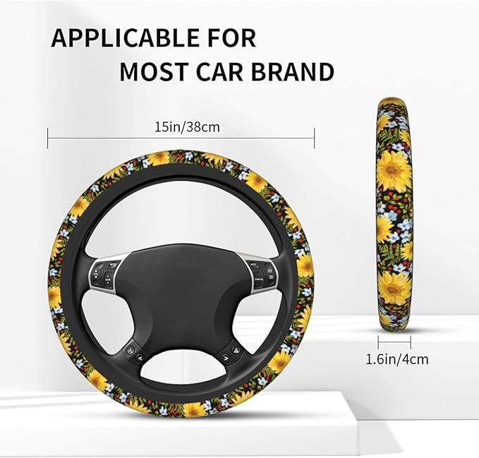 Yellow Sunflower Steering Wheel Cover - Sunflower Steering Wheel Cover Anti-Slip Car with 2 Pieces Car Coasters Suitable for Men Women