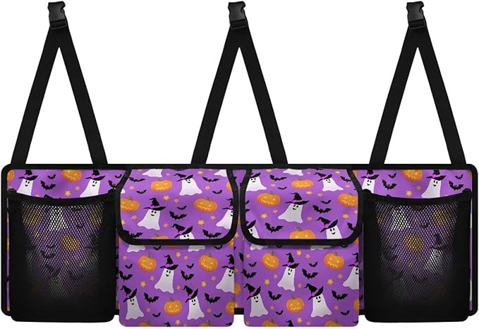 Purple Halloween Print Car Trunk Organizer Hanging Auto Back Seat Storage with 4 Pockets Car Interior Accessories for SUV MPV Hatchback Crossover Minivan Truck