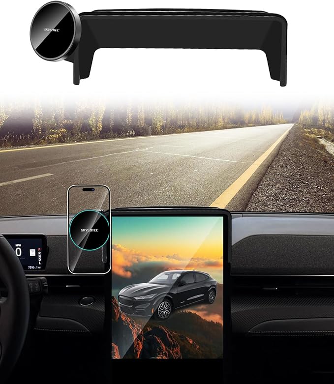 SKYLOTEC Phone Holder for 2021-2025 Ford Mustang Mach E Accessories 15.5-Inch Screen Fixed Clip, Car Magnetic Phone Mount Compatible with MagSafe, Magnets 15W Fast Wireless Charger Cell Phone Base