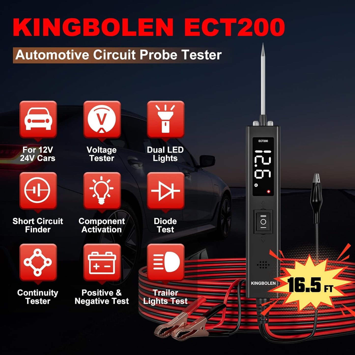 KINGBOLEN ECT200 Automotive Electrical Circuit Tester, 12V 24V Car Voltage Test Power Probe Tester, Component Activation, Continuity Test, Trailer Light Tester, Short Circuit Finder, 16.5FT Cable