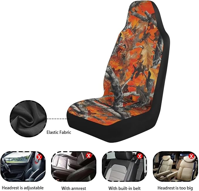 ELEQIN Orange Camo Hunting Car Seat Covers Two Front Only for Car, Automotive Interior Covers, Quick Setup Universal Fit Seat Covers for Car, Truck, SUV