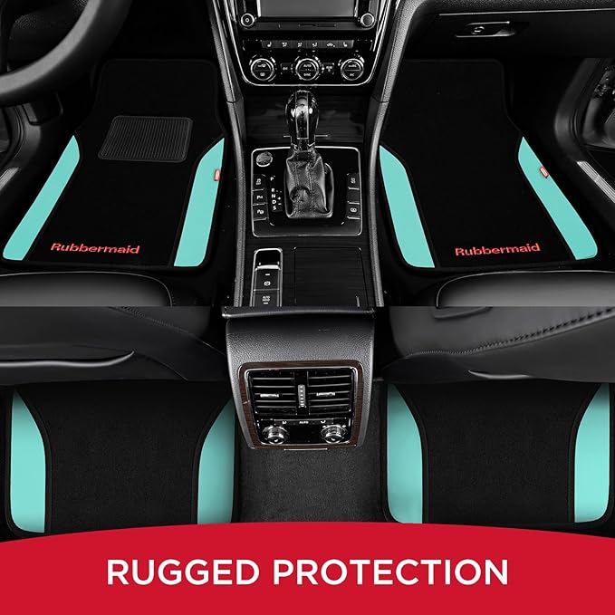 Rubbermaid Car Mats, Carpeted Floor Car Mat with Faux Leather & Built-in Heel Pad, Two-Tone Car Rug Floor Mats, Stylish Carpeted Floor Mats for Cars, Trucks & SUVs Mint Color