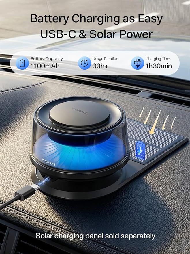 TORRAS Smart Car Air Fresheners Diffuser, The First App Control Car Freshener, Solar & USB-C Charging, Auto ON/Off, Cherry Blossom & White Musk, Lasts Up to 6 Months, CF20 Pro Fragrance Diffuser