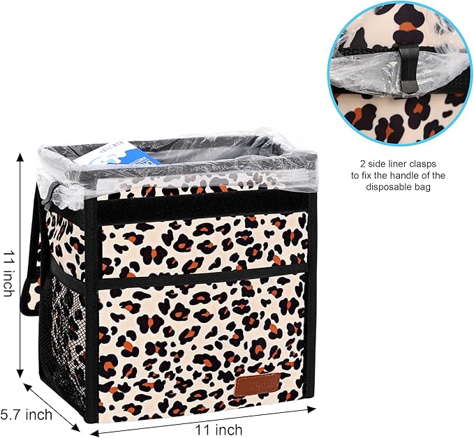 Femuar Leak Proof Car Trash Bag Large Capacity Waterproof Garbage Can with Lid for SUV Leopard Print