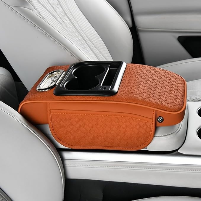 2026 Enhanced Car Center Console Armrest Cushion with USB& Type-C Charging, PU Leather Console Pad with Cup Holders, Storage& Tissue Outlet for Most Vehicles (Sloped Version, Orange)