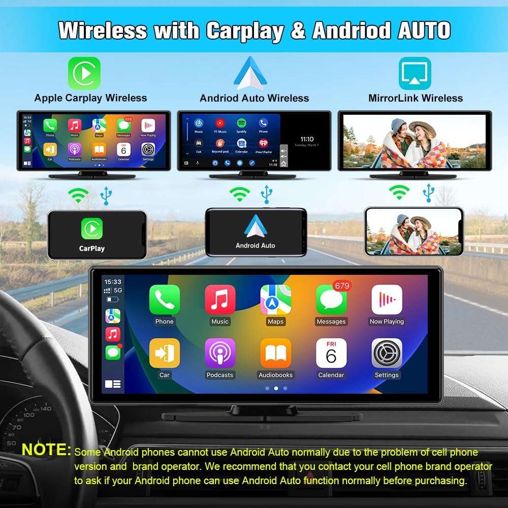 10.26" Portable Carplay Screen for Car, Wireless Carplay & Android Auto Car Stereo, Touchscreen GPS Navigation 4K Dash Cam/1080P Backup Camera/Mirror Link/Bluetooth/Voice Control