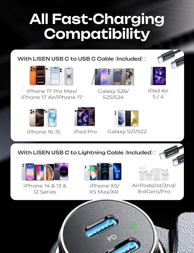 LISEN 90W USB C Car Charger Fast Charging for iPhone 17 Car Charger USB C Fast Charge, Type C Car Charger for iPhone 17 Pro Max 16 15 14 13 12 11, for Samsung S26 S25 S24 [Lighning&USB-C] Mothers Day