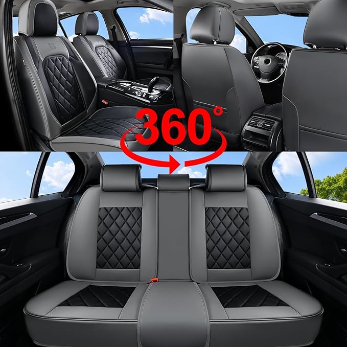 Coverado Seat Covers Full Set, Faux Leather Seat Covers for Car, Waterproof Car Seat Protectors 5 Seats, Automotive Seat Covers Universal Fit for Most Cars SUV Trucks- Gray&Black