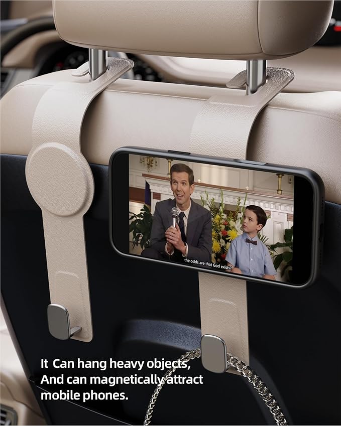Car Headrest Hook with Swivel Magnet Phone Holder for Magsafe, 2-in-1 Double Hooks Hanger for Purse Bag, 360° Rotating Hands-Free Car Accessories for Handbag Coat Umbrella(1 Pack Milkshake White)