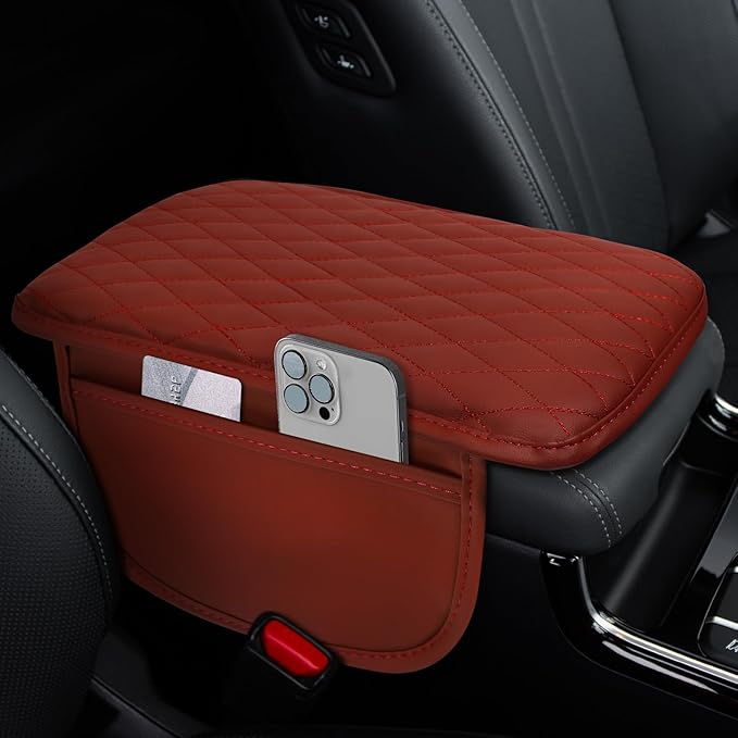 Car Center Console Cover, 12"×7.87" Waterproof Leather Auto Armrest Cover Protector with 2 Pocket, Comfortable Arm Rest Box Cushion Pad, Universal Interior Car Accessories (Wine Red)