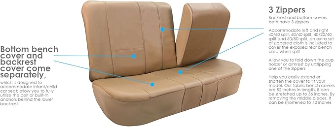 FH-PU002-1010 Classic Exquisite Leather Bench Seat Covers, Split Bench, Solid Beige color