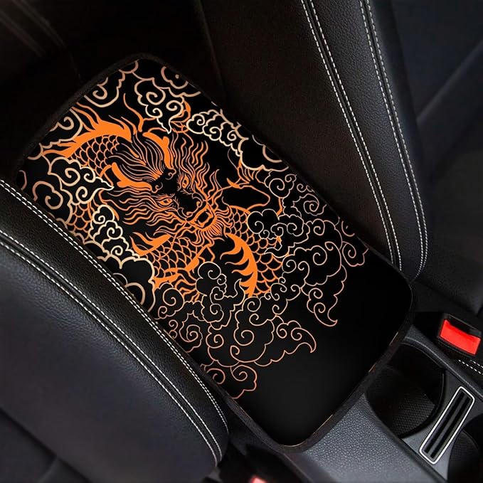 Suobstales Japanese Dragon Print Car Armrest Pad Soft Center Console Arm Rest Protector Cover Universal Car Interior Accessories Decoration